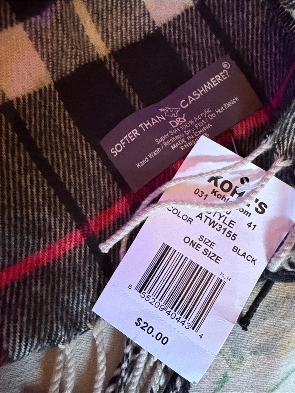 D&Y Black White Plaid Fringe Scarf with Red Accents
